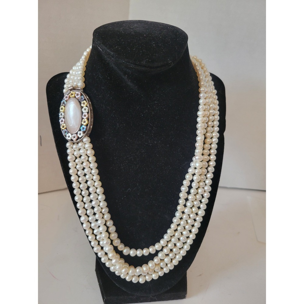 Vintage Sterling Enamel Multi-Strand Pearl Necklace Floral Formal‎ Chic